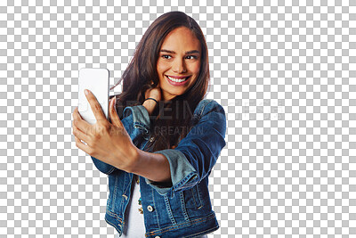 Buy stock photo Selfie, hair and happy, young woman isolated on transparent png background for social media content creation. Salon, results and model, gen z influencer or person for beauty blog or profile picture