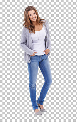 Buy stock photo Fashion, full body and portrait of beautiful woman posing with casual, trendy and stylish outfit. Happy, smile and female model with positive mindset and style isolated by transparent png background.