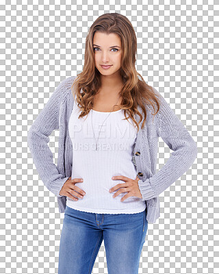 Buy stock photo Smile, portrait of a woman isolated and against a transparent png background for casual clothing. Positive or confident, happy and female person pose for fashion clothes smiling for health wellness