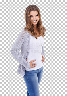 Buy stock photo Portrait, fashion and a model woman hands on hips isolated on a transparent background for trendy style. Happy, smile and an attractive young female person posing in contemporary clothes on PNG