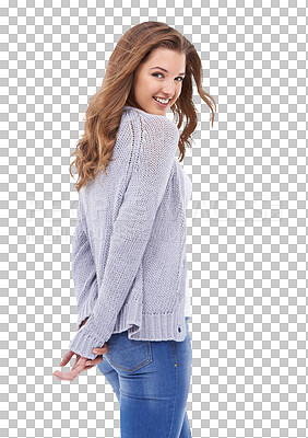 Buy stock photo Portrait, back and fashion with a woman isolated on a transparent background for trendy style. Happy, smile and lifestyle with an attractive young female person posing in modern winter clothes on PNG