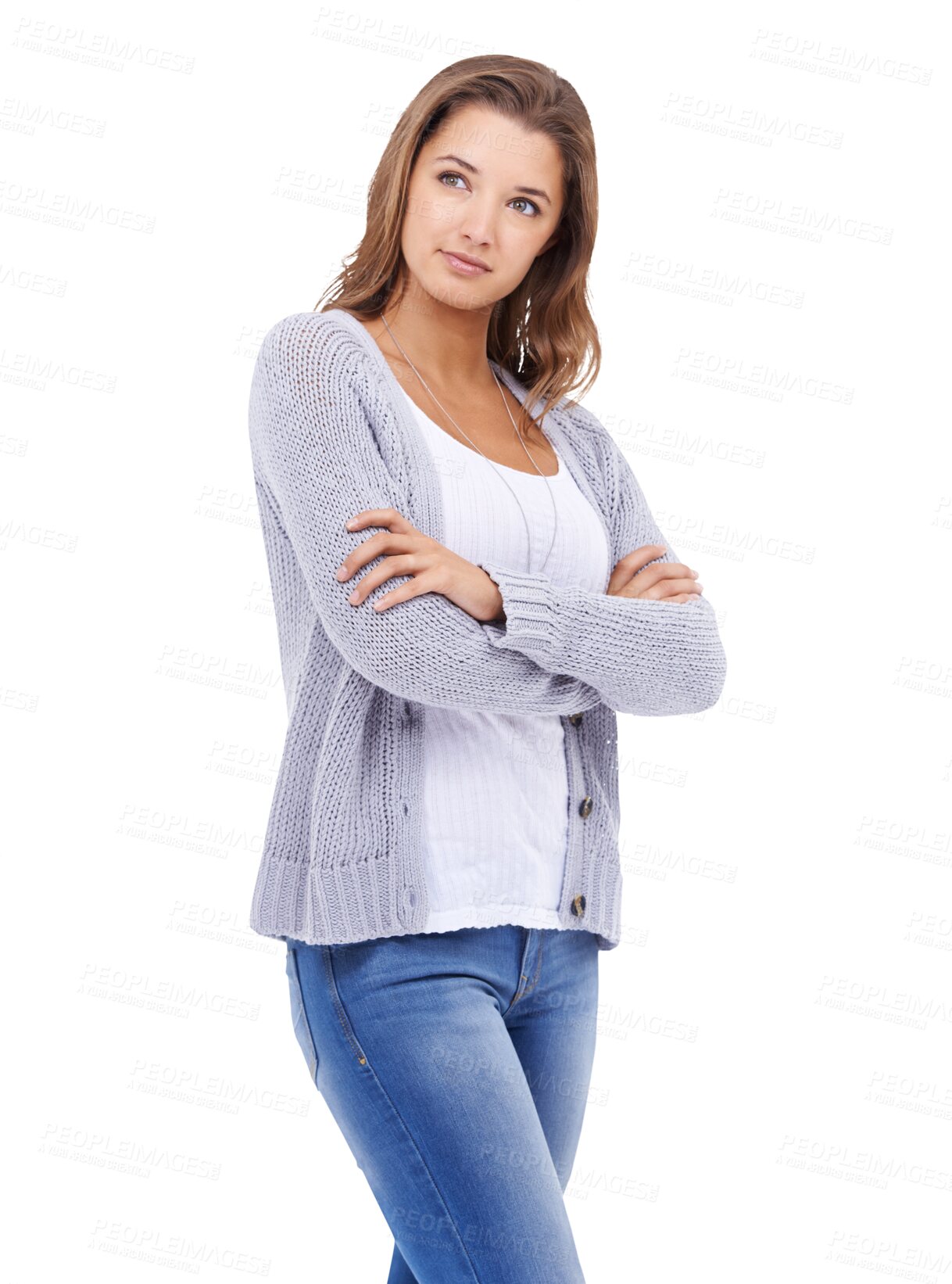 Buy stock photo Confident, woman with her arms crossed isolated and against a transparent png background. Vertical mockup or style, casual clothing and empowerment or proud female person pose for health wellness.