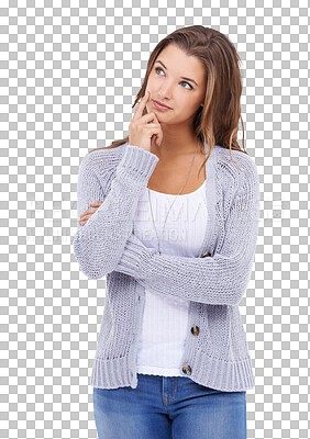 Buy stock photo Thinking, hand on face and a woman with an idea isolated on a transparent, png background. A young female model person from Canada think of solution, planning and strategy or question about decision