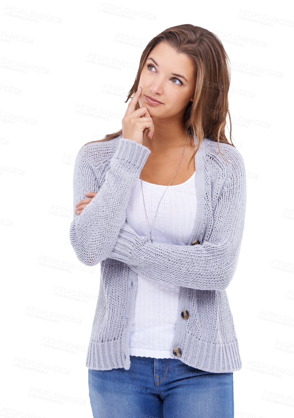 Buy stock photo Thinking, hand on face and a woman with an idea isolated on a transparent, png background. A young female model person from Canada think of solution, planning and strategy or question about decision