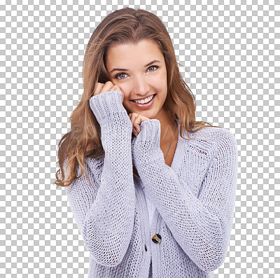 Buy stock photo Portrait, winter fashion and jersey with a woman isolated on a transparent background for trendy style. Happy, smile and an attractive young person posing in a contemporary sweater clothes on PNG