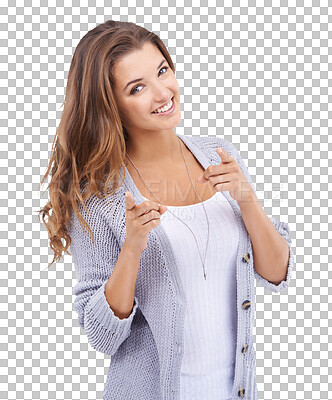 Buy stock photo Portrait, decision and a woman pointing at you isolated on a transparent background for a selection. Happy, smile and vote with an attractive young female person making an option choice on PNG