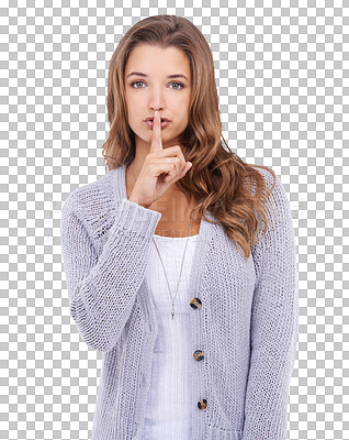 Buy stock photo Portrait, secret and quiet with a woman isolated on a transparent background for gossip or mystery. Silence, whisper or hand gesture with a secretive young female person posing finger on lips on PNG