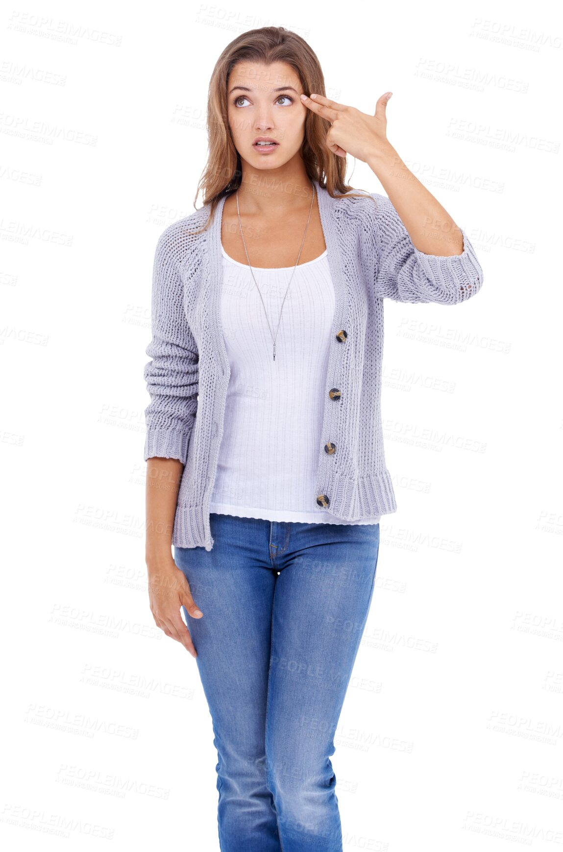 Buy stock photo Woman, frustrated and finger for gun on head to gesture suicide, shooting or pistol on isolated, png or transparent background. Girl, hand and expression for killing, pointing fingers to shoot