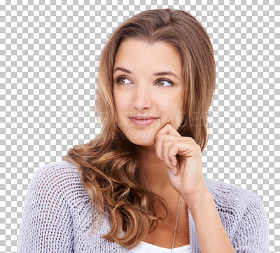 Buy stock photo Face, thinking and a woman with an idea and smile isolated on a transparent, png background. A young female model person from Canada to think of solution, memory and strategy or question about choice