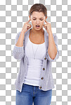 A young woman blocking her ears with an expression of annoyance isolated on a png background