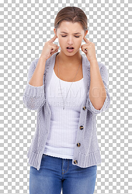 Buy stock photo Woman, noise and block ears isolated on a transparent png background. Stress, frustrated or person cover ear for silence, ignore or stop listening to loud sound, tinnitus or problem, headache or pain