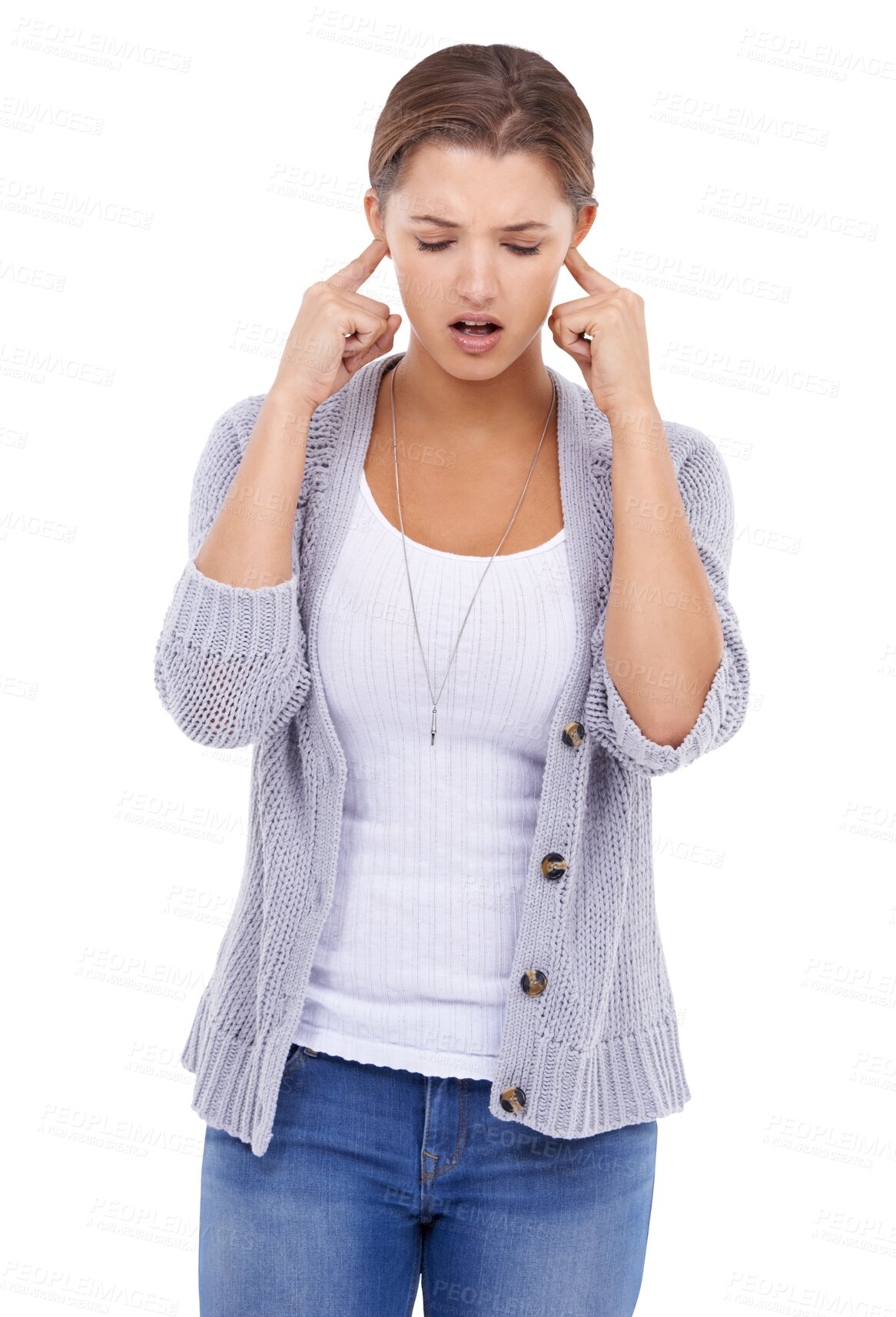 Buy stock photo Woman, noise and block ears isolated on a transparent png background. Stress, frustrated or person cover ear for silence, ignore or stop listening to loud sound, tinnitus or problem, headache or pain