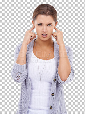 Buy stock photo Noise, portrait of a woman with her fingers by head isolated and against a transparent png background. Frustrated or irritated, brain fog and annoyed female person with hand gesture to block sound