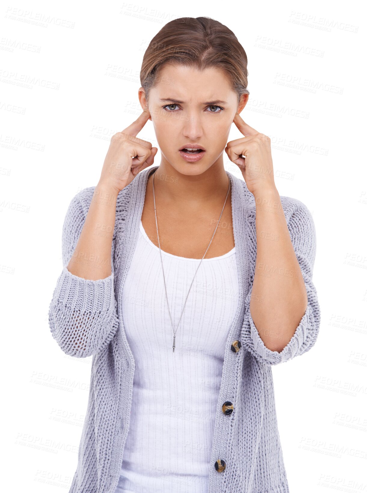 Buy stock photo Noise, portrait of a woman with her fingers by head isolated and against a transparent png background. Frustrated or irritated, brain fog and annoyed female person with hand gesture to block sound