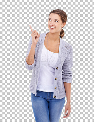 Buy stock photo Smile, happy and a woman pointing finger isolated on a transparent, png background. A young female model person from Canada with hand sign to show advertising promotion deal, choice or announcement