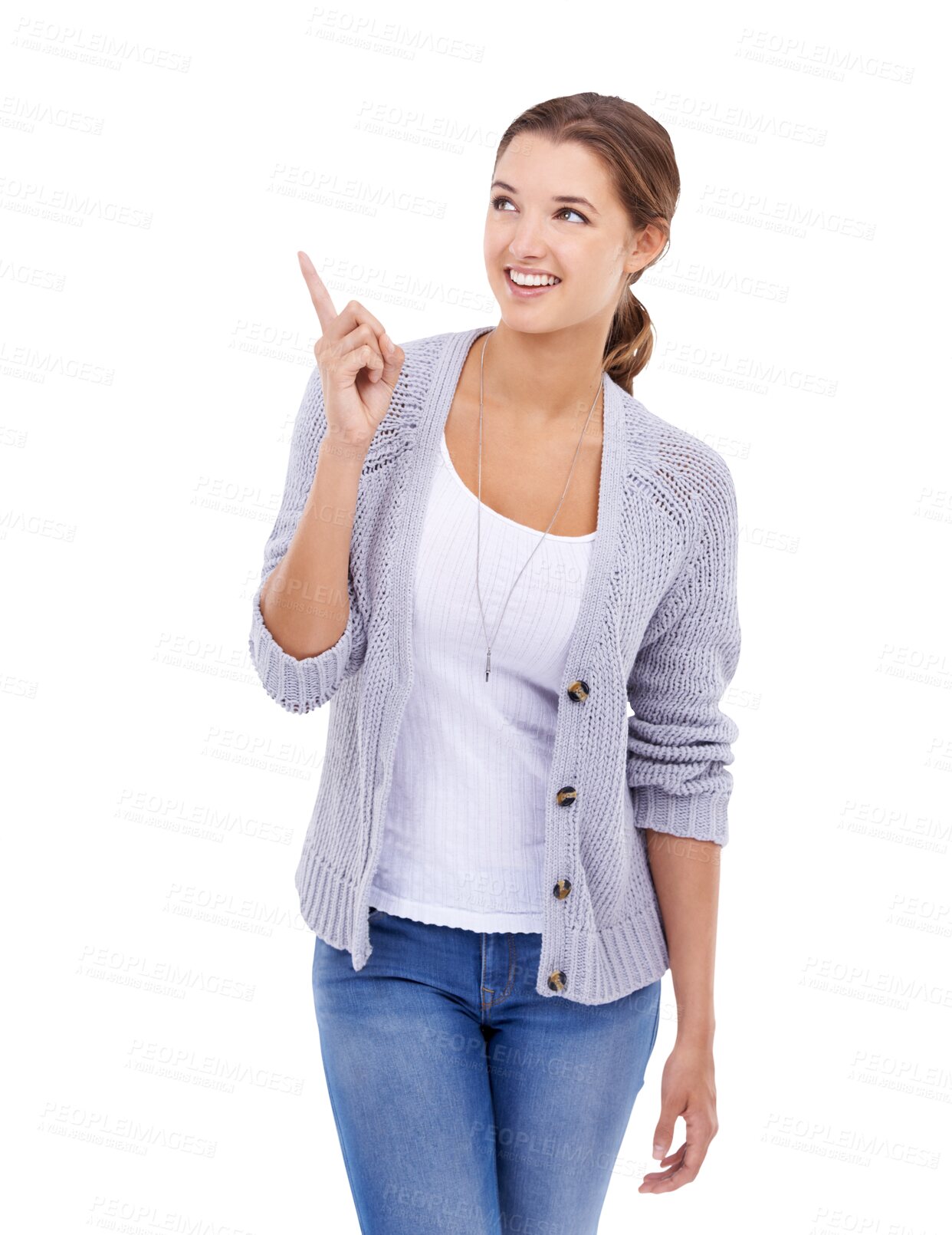 Buy stock photo Smile, happy and a woman pointing finger isolated on a transparent, png background. A young female model person from Canada with hand sign to show advertising promotion deal, choice or announcement