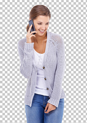 Buy stock photo Smile, phone call and happy woman talking isolated on a transparent png background. Smartphone, communication and person in discussion, speaking or conversation, networking and listening to contact.