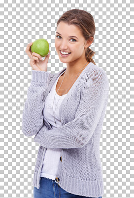 Buy stock photo Woman, happy and portrait with an apple isolated on a transparent, png background. A young female model person from Canada with fruit in hand for nutrition, healthy diet and food for wellness