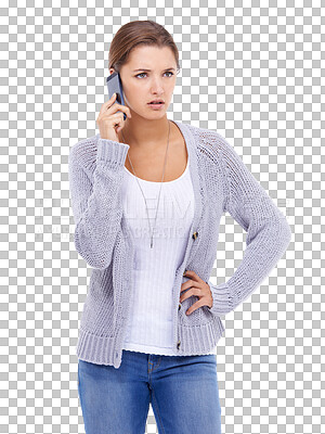 Buy stock photo Focus, woman and listening on mobile phone with png in isolated in transparent background with connection. Listen, phone call and female person is serious with smartphone for conversation or contact.