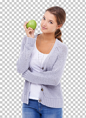 Buy stock photo Portrait, apple and nutrition with a model woman isolated on a transparent background for diet or weightloss. Fruit, food or health with a young female person posing for natural vitamins on png