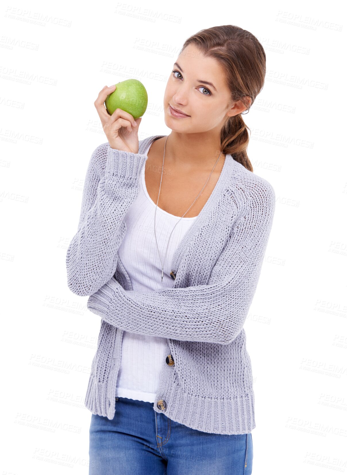 Buy stock photo Portrait, apple and nutrition with a model woman isolated on a transparent background for diet or weightloss. Fruit, food or health with a young female person posing for natural vitamins on png