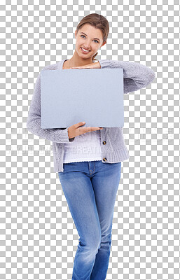 Buy stock photo Portrait, poster and mockup with a model woman isolated on a transparent background for information. Happy, marketing or advertising with an attractive young female person holding a blank sign on PNG