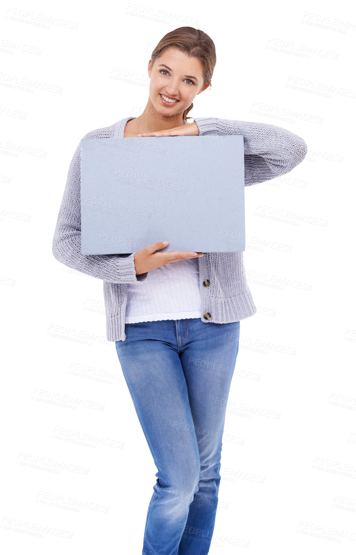 Buy stock photo Portrait, poster and mockup with a model woman isolated on a transparent background for information. Happy, marketing or advertising with an attractive young female person holding a blank sign on PNG