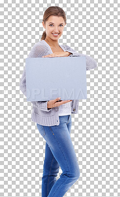 Buy stock photo Portrait, sign and mockup with a model woman isolated on a transparent background for information. Happy, marketing or advertising with an attractive young female person holding a blank poster on PNG