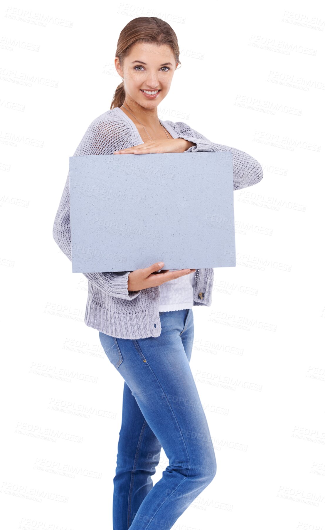 Buy stock photo Portrait, sign and mockup with a model woman isolated on a transparent background for information. Happy, marketing or advertising with an attractive young female person holding a blank poster on PNG