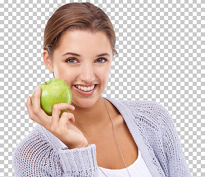 Buy stock photo Portrait, apple and health with a model woman isolated on a transparent background for weightloss. Face, smile or nutrition with a happy young female person holding a fruit for a healthy diet on PNG