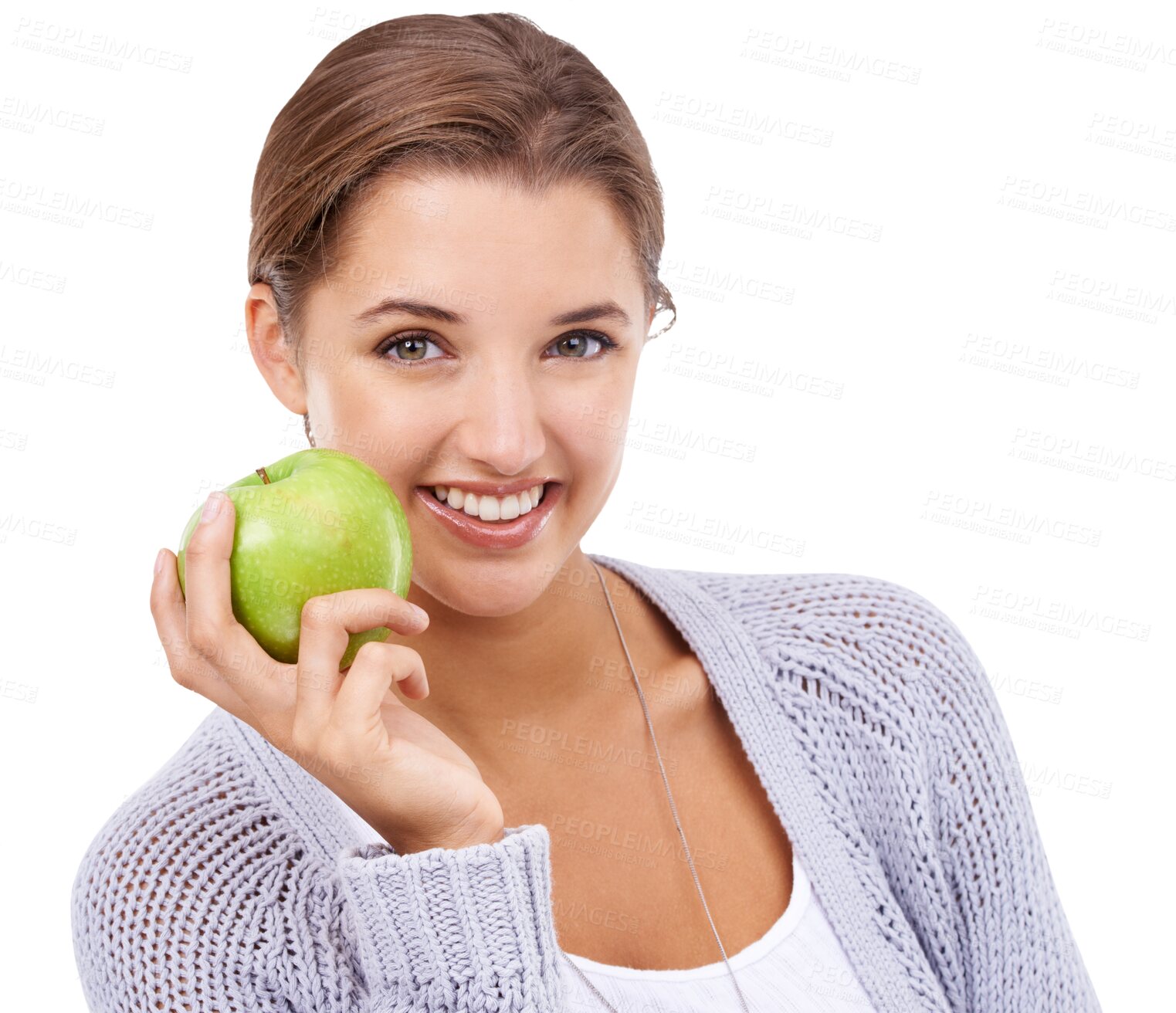 Buy stock photo Portrait, apple and health with a model woman isolated on a transparent background for weightloss. Face, smile or nutrition with a happy young female person holding a fruit for a healthy diet on PNG