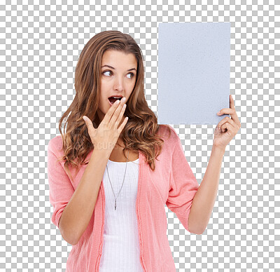 Buy stock photo Woman, surprise and banner or poster and mockup space isolated on a transparent, png background. Young female model person with wow sign or board in hands for advertising information or announcement