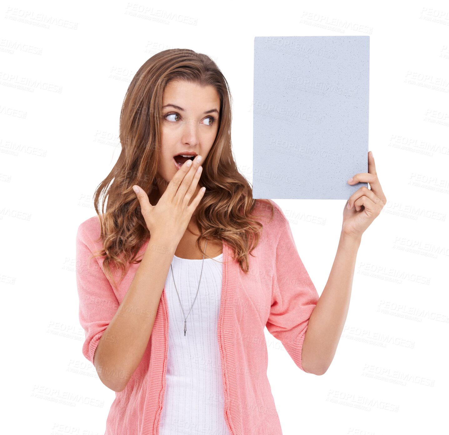 Buy stock photo Woman, surprise and banner or poster and mockup space isolated on a transparent, png background. Young female model person with wow sign or board in hands for advertising information or announcement