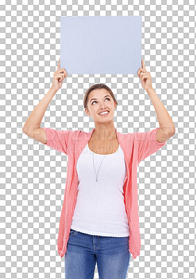 Buy stock photo Woman, poster or mockup banner space with a smile isolated on a transparent, png background. Young female model person with blank sign or board in hands for advertising information or announcement