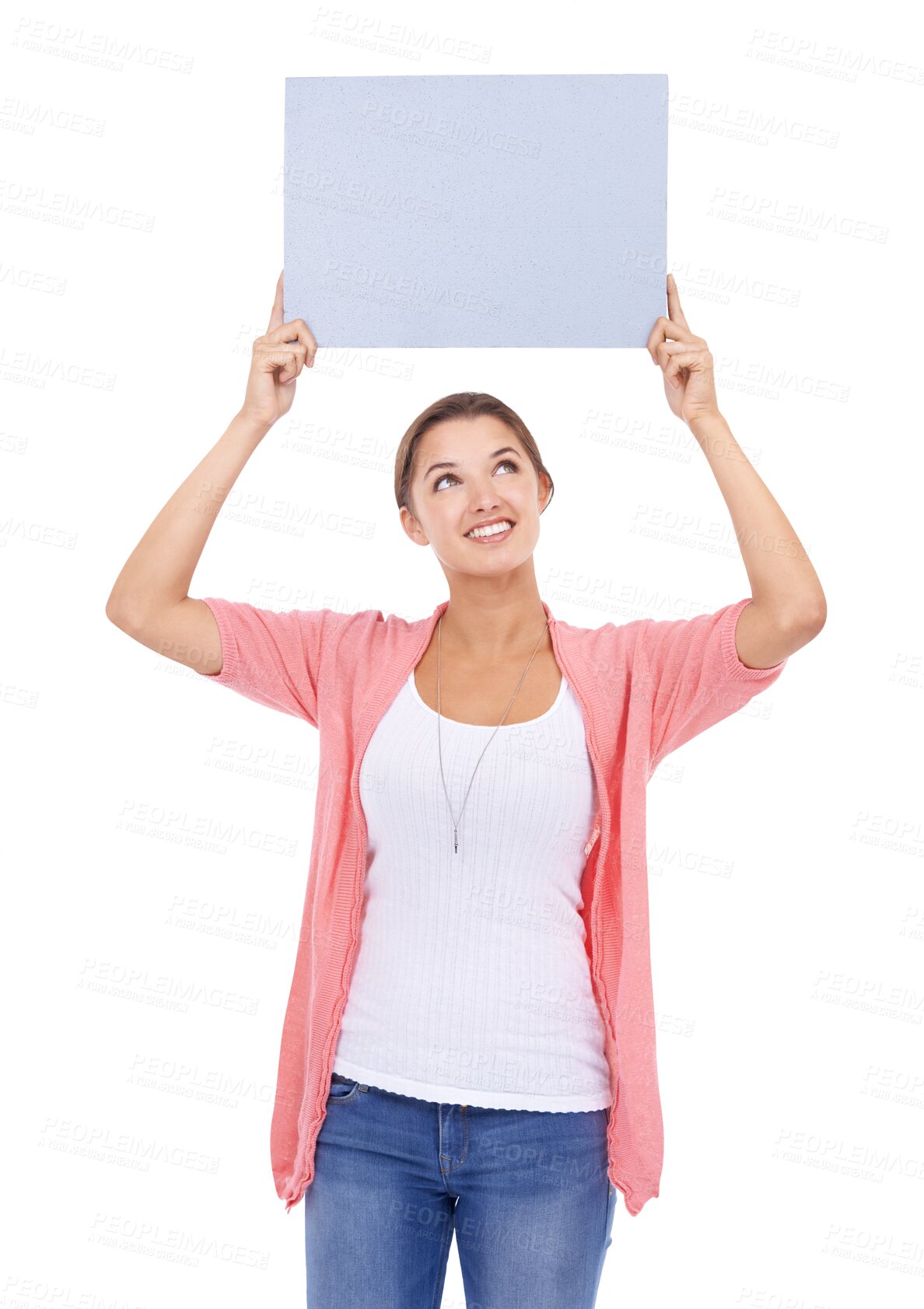 Buy stock photo Woman, poster or mockup banner space with a smile isolated on a transparent, png background. Young female model person with blank sign or board in hands for advertising information or announcement