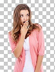 A young woman looking suprised with her hand in front of her mouth isolated on a png background