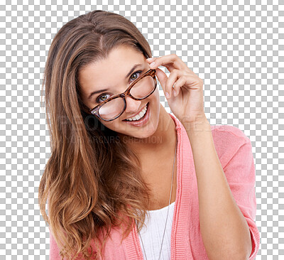 Buy stock photo Portrait, glasses and eyesight with a woman isolated on a transparent background for optometry. Face, vision and eyewear with an attractive young female customer at the optometrist or optician on PNG