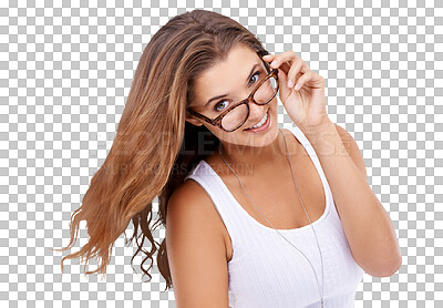 Buy stock photo Portrait, happy and vision with a woman in glasses isolated on a transparent background for optometry. Smile, eyewear and eyesight with an attractive young female customer at the optometrist on PNG