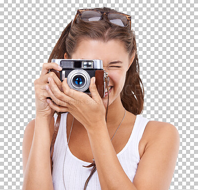 Buy stock photo Face, photographer woman and camera lens for picture isolated on a transparent, png background. Female model person with photography zoom for creativity and shooting for hobby, portrait or career