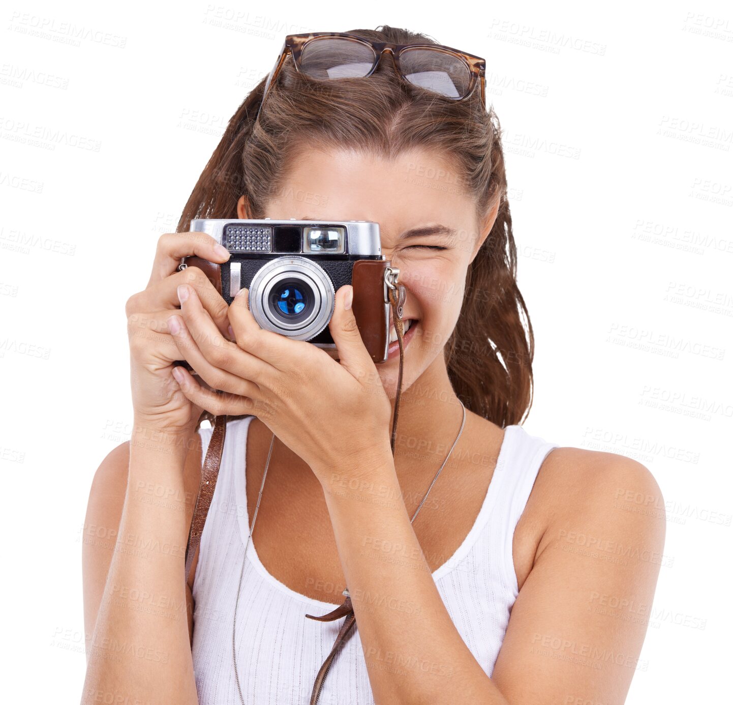 Buy stock photo Face, photographer woman and camera lens for picture isolated on a transparent, png background. Female model person with photography zoom for creativity and shooting for hobby, portrait or career