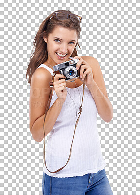 Buy stock photo Woman, camera and happy or excited photographer isolated on a transparent, png background. Young female model person from Canada with photography gear for creativity and shooting for hobby or career