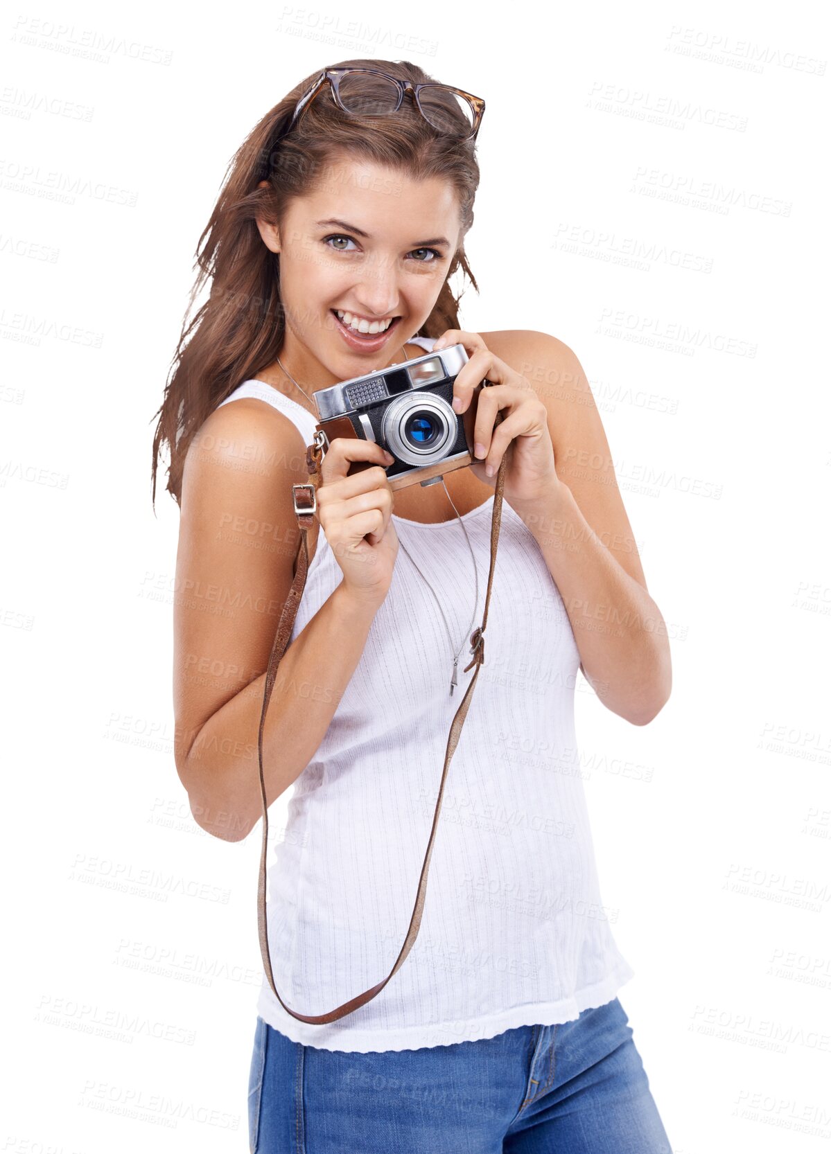 Buy stock photo Woman, camera and happy or excited photographer isolated on a transparent, png background. Young female model person from Canada with photography gear for creativity and shooting for hobby or career