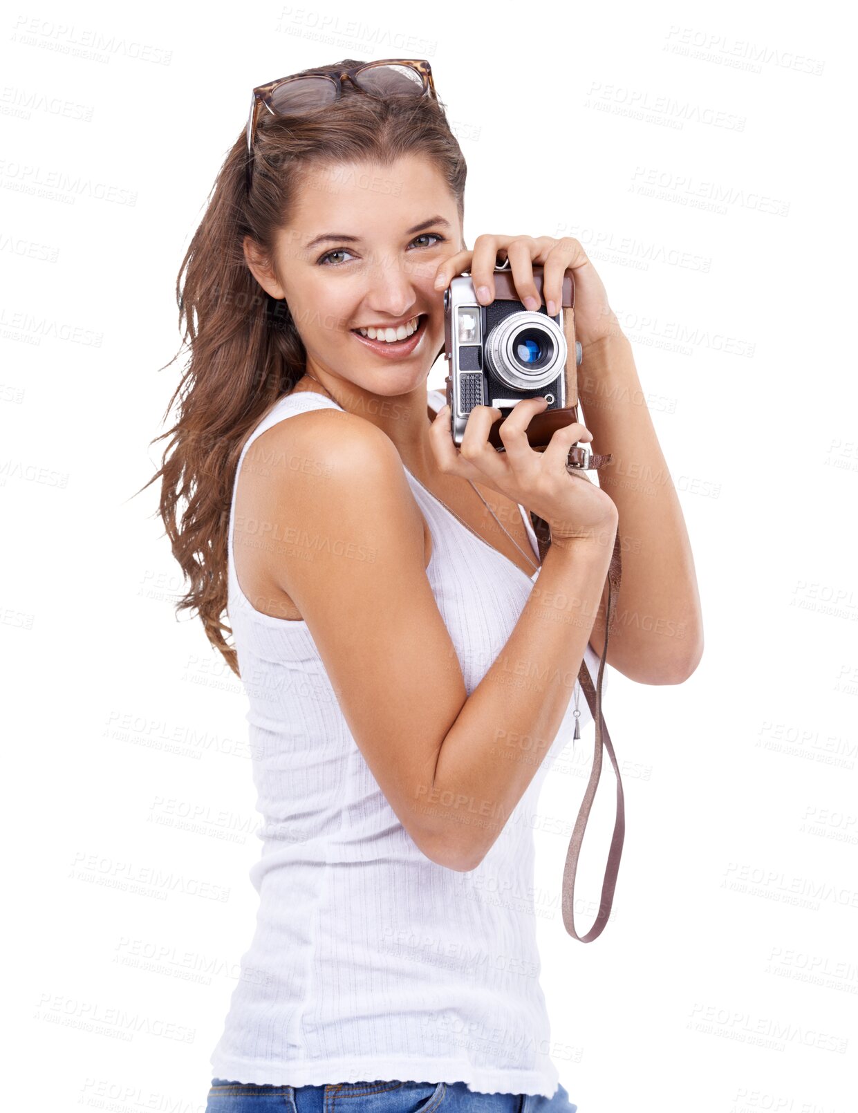 Buy stock photo Camera, portrait and happy photographer woman isolated on a transparent, png background for picture. Female model person with photography gear for creativity and shooting for hobby, fun or career