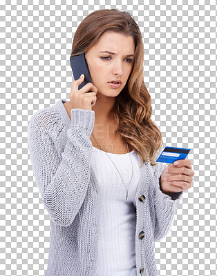 Buy stock photo Isolated woman, credit card and phone call with stress, worried and frustrated by transparent png background. Girl, smartphone and contact customer care for e commerce, fraud and fintech problem