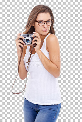 Buy stock photo Camera, glasses and photographer woman isolated on a transparent, png background for picture. Female model person with photography gear for creativity and shooting for hobby, fun or journalist career