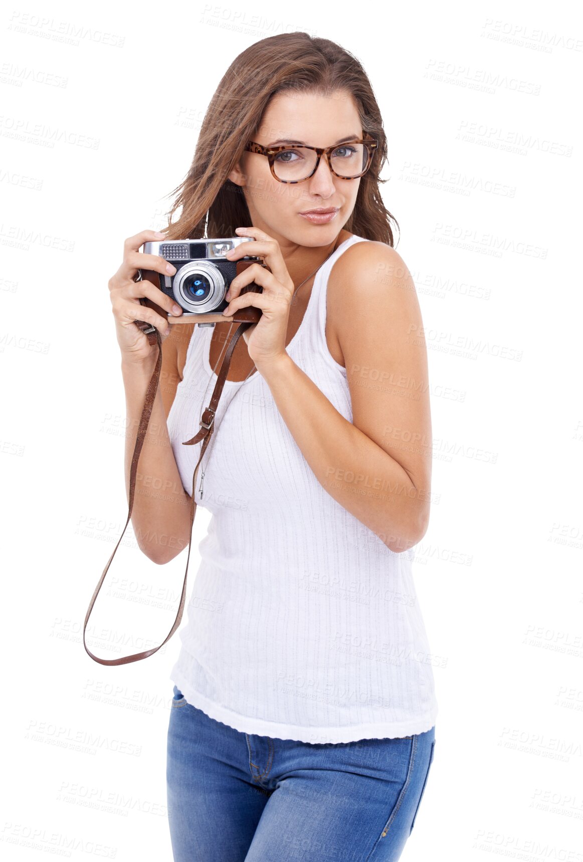 Buy stock photo Camera, glasses and photographer woman isolated on a transparent, png background for picture. Female model person with photography gear for creativity and shooting for hobby, fun or journalist career