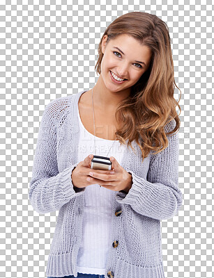 Buy stock photo Portrait, phone and woman typing on app, communication or social media post on isolated, transparent, or png background. Girl, cellphone and message on internet, online or email contact on mobile