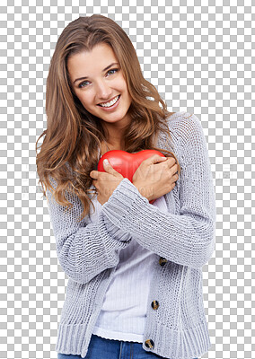 Buy stock photo Happy, portrait and a woman with a heart for love isolated on a transparent png background. Smile, care and a young girl with a toy for blood donation, romance or valentines day with happiness