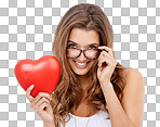 Portrait of an attractive young woman holding a heart-shaped prop isolated on a png background