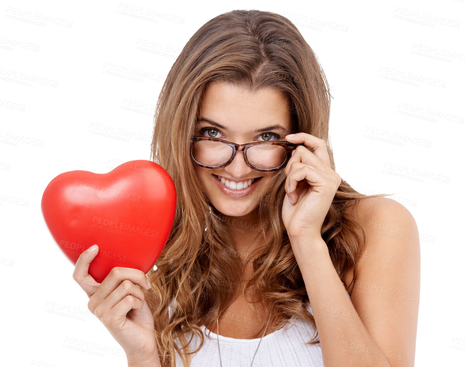 Buy stock photo Heart, portrait and woman flirt with glasses for love feeling happy isolated in a transparent or png background. Emoji, care and young person with red support sign as happiness with a smile